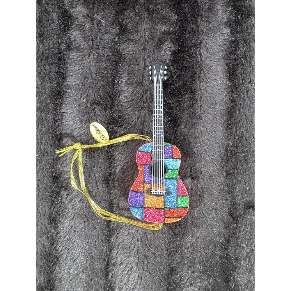 Dollywood Dolly Parton Multi Color Glitter Guitar Ornament Purple Signature Logo